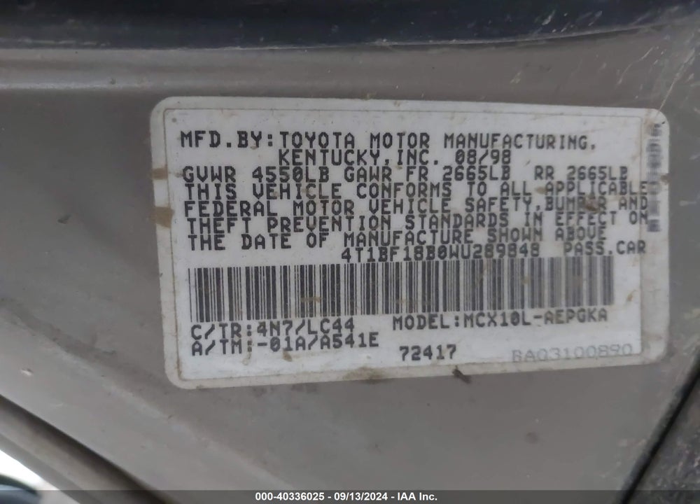 1998 TOYOTA AVALON XLS VIN: 4T1BF18B0WU289848
