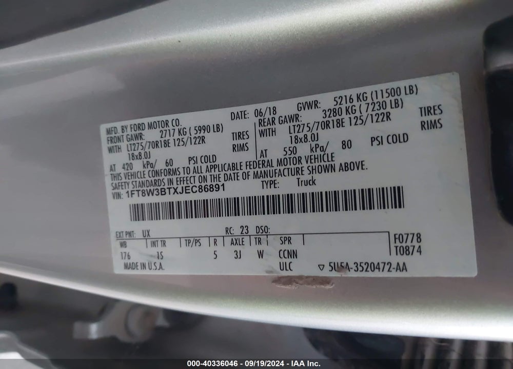 2018 FORD F-350 XL VIN: 1FT8W3BTXJEC86891
