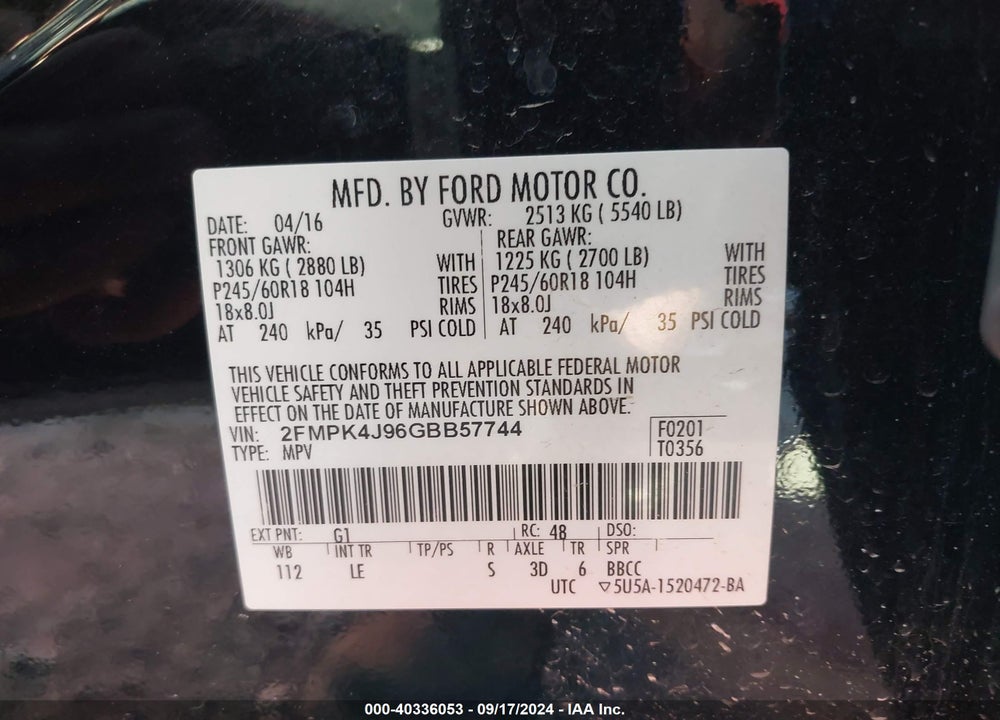 2016 FORD EDGE SEL VIN: 2FMPK4J96GBB57744
