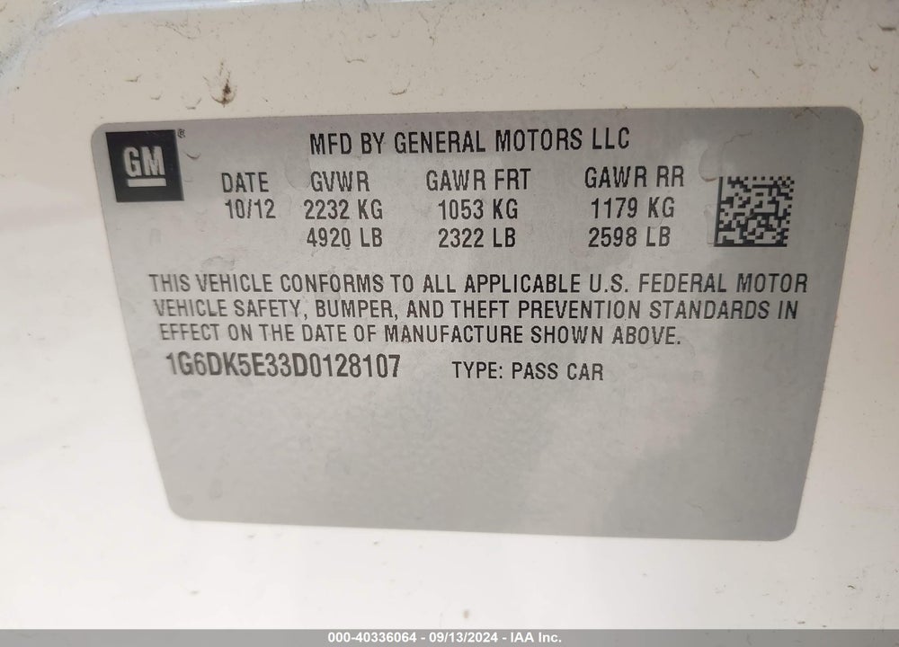 2013 CADILLAC CTS PERFORMANCE VIN: 1G6DK5E33D0128107