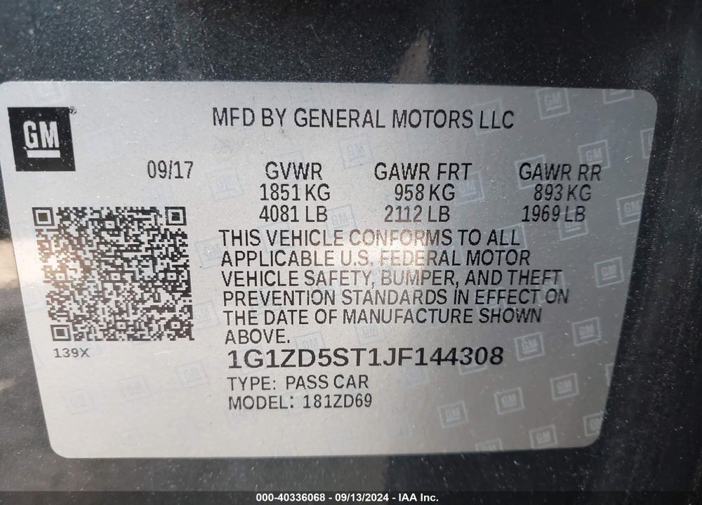 2018 CHEVROLET MALIBU LT VIN: 1G1ZD5ST1JF144308