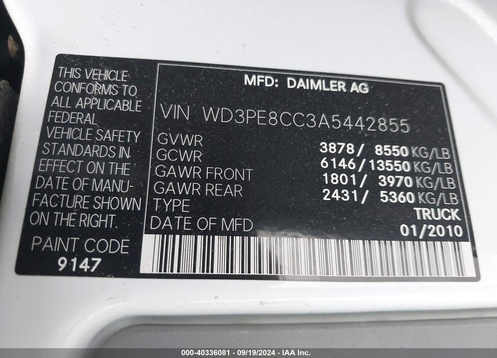 2010 MERCEDES-BENZ SPRINTER VAN 2500 HIGH ROOF VIN: WD3PE8CC3A5442855