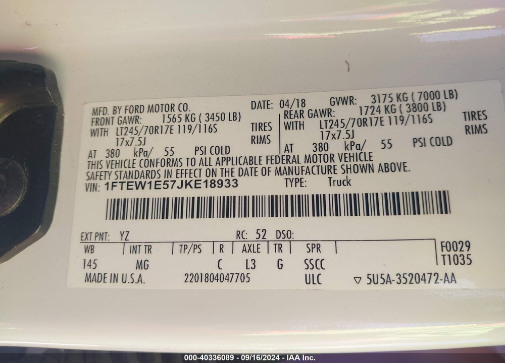 2018 FORD F150 XLT VIN: 1FTEW1E57JKE18933
