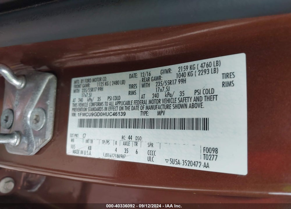 2017 FORD ESCAPE SE VIN: 1FMCU9GD0HUC46139