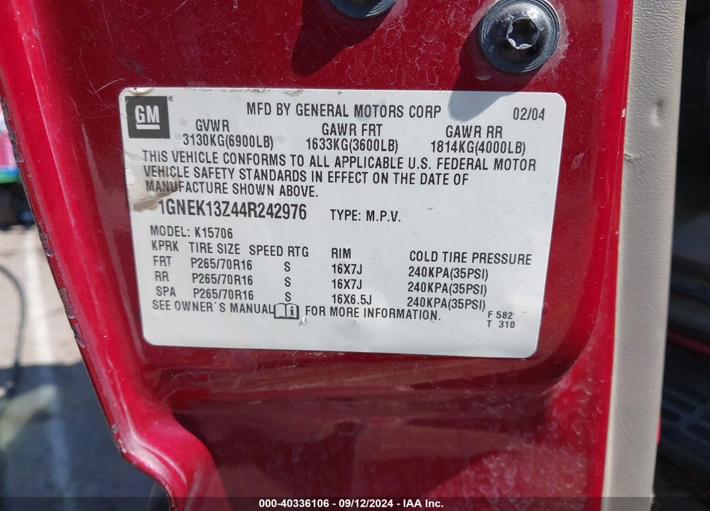 2004 CHEVROLET TAHOE LS VIN: 1GNEK13Z44R242976