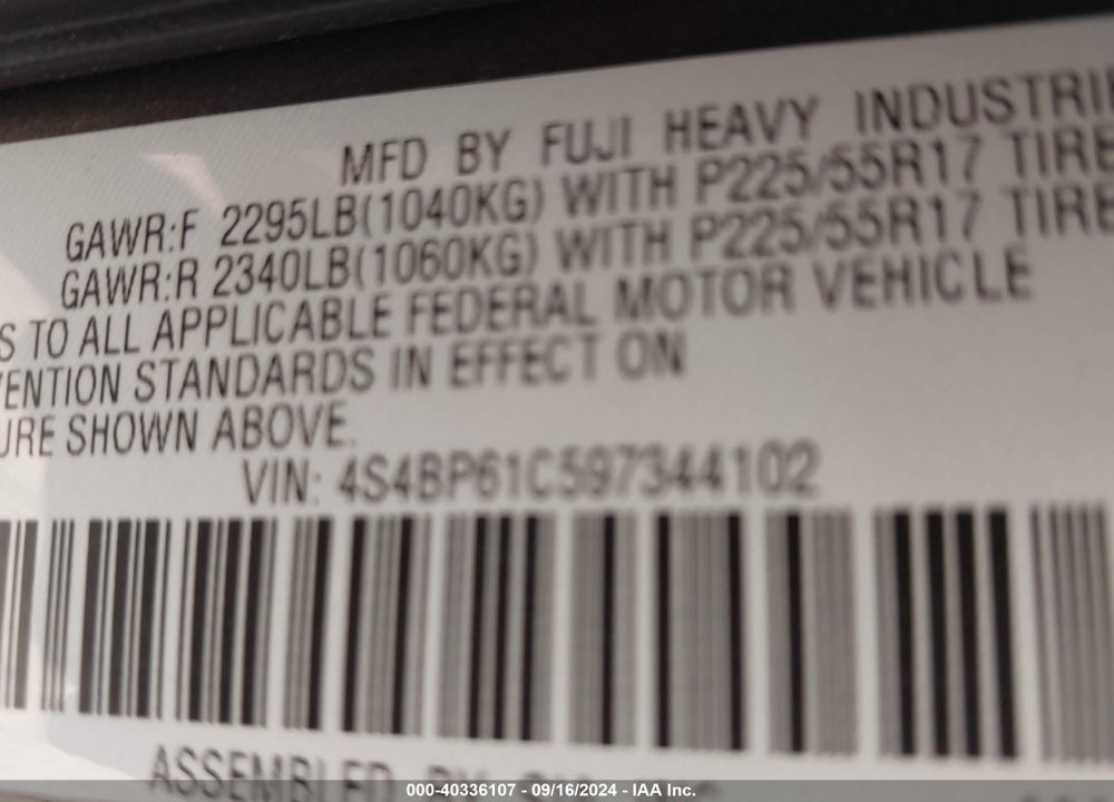 2009 SUBARU OUTBACK 2.5I VIN: 4S4BP61C597344102