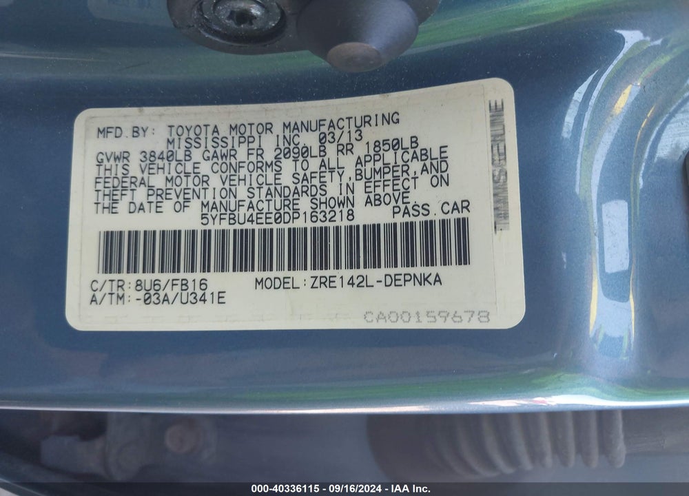 2013 TOYOTA COROLLA LE VIN: 5YFBU4EE0DP163218
