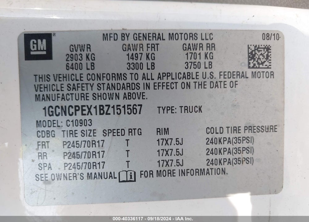 2011 CHEVROLET SILVERADO 1500 WORK TRUCK VIN: 1GCNCPEX1BZ151567