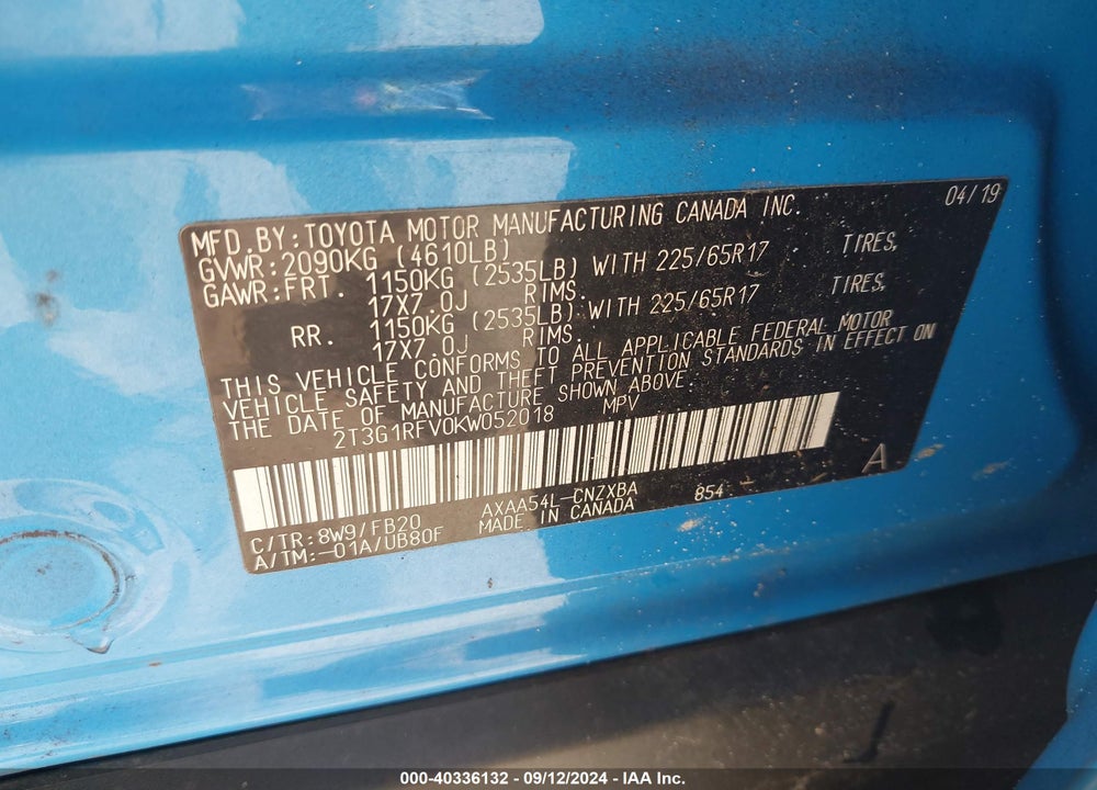 2019 TOYOTA RAV4 LE VIN: 2T3G1RFV0KW052018