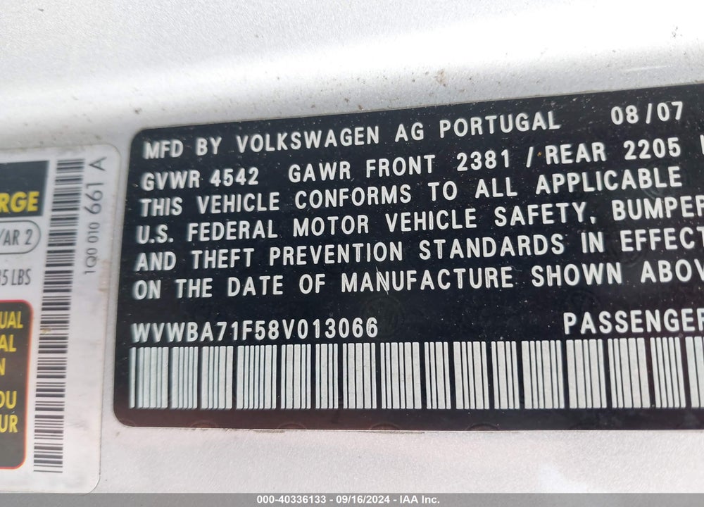 2008 VOLKSWAGEN EOS TURBO VIN: WVWBA71F58V013066