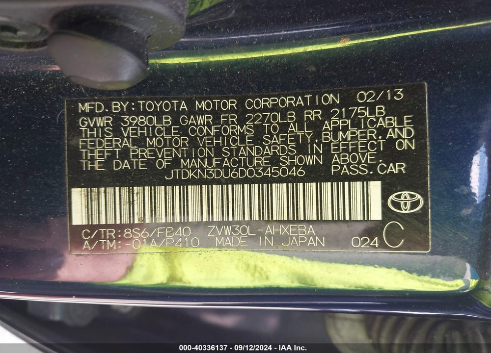2013 TOYOTA PRIUS THREE VIN: JTDKN3DU6D0345046