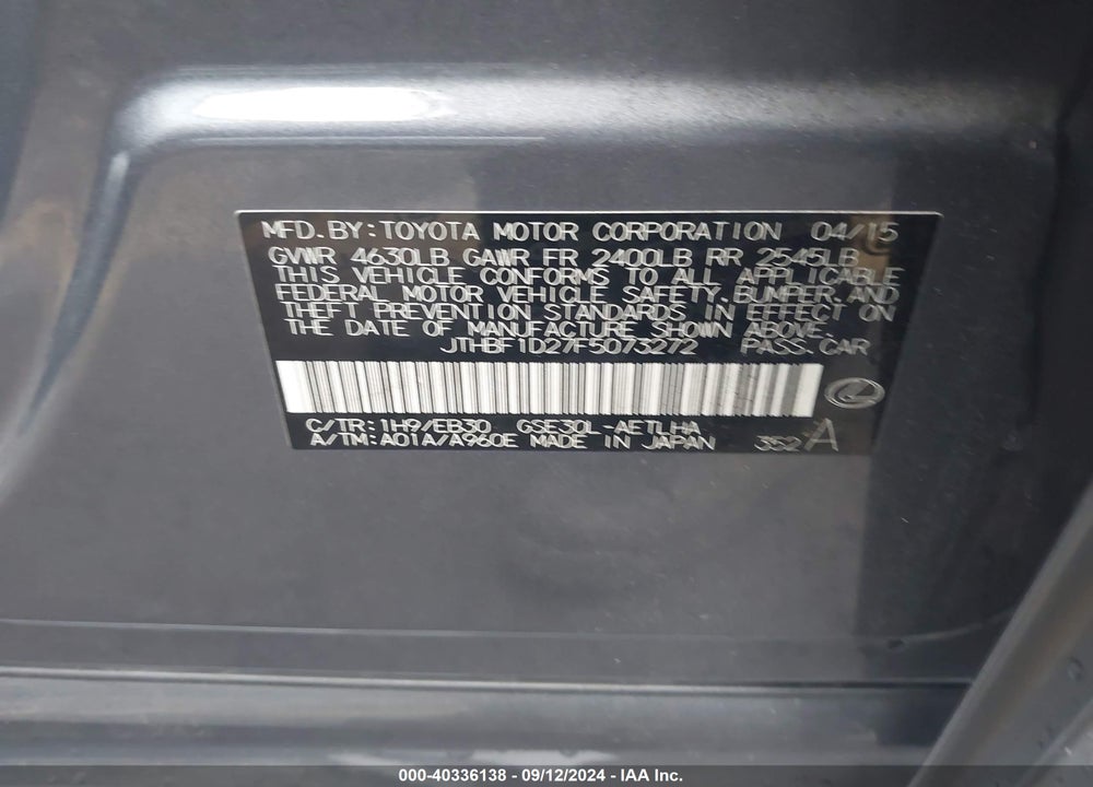 2015 LEXUS IS 250 VIN: JTHBF1D27F5073272
