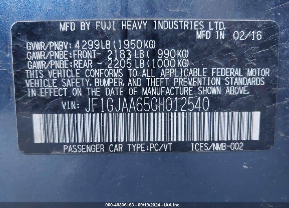 2016 SUBARU IMPREZA 2.0I VIN: JF1GJAA65GH012540