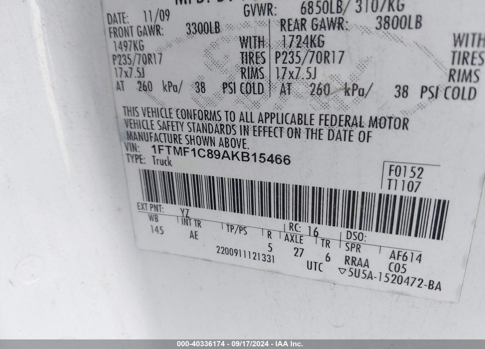2010 FORD F-150 XL/XLT VIN: 1FTMF1C89AKB15466