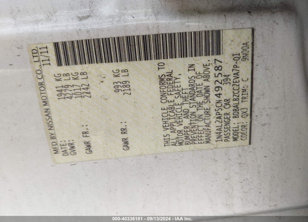 2012 NISSAN ALTIMA 2.5 S VIN: 1N4AL2AP5CN492587