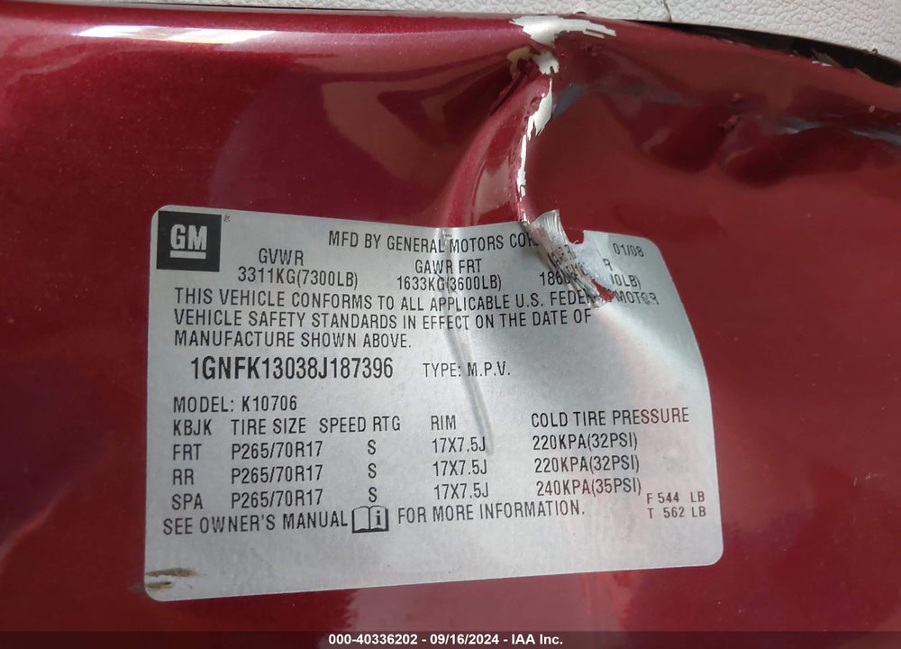 2008 CHEVROLET TAHOE LT VIN: 1GNFK13038J187396