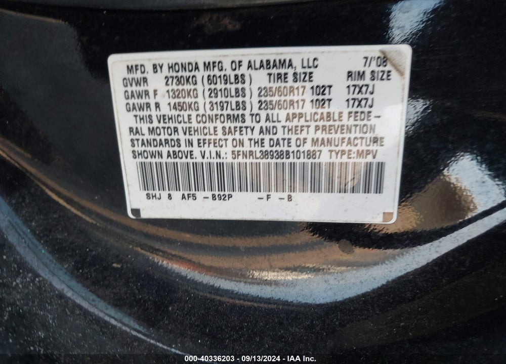 2008 HONDA ODYSSEY TOURING VIN: 5FNRL38938B101887