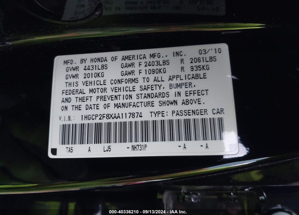 2010 HONDA ACCORD 2.4 EX-L VIN: 1HGCP2F8XAA117874