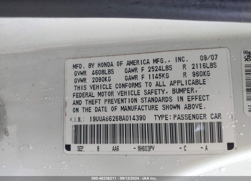 2008 ACURA TL 3.2 VIN: 19UUA66268A014390