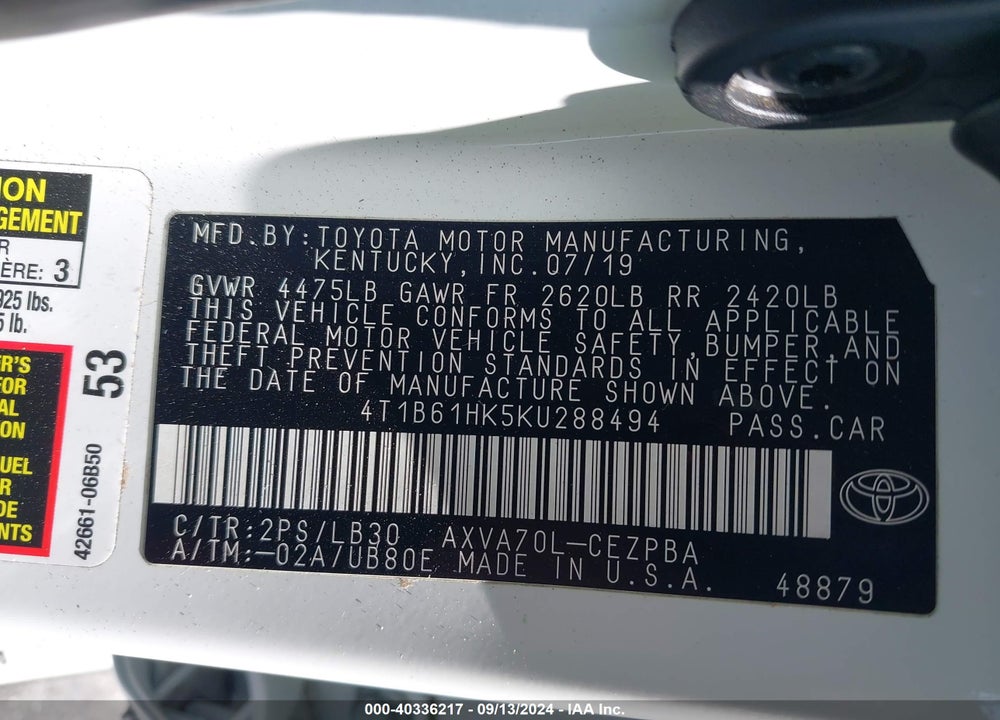 2019 TOYOTA CAMRY XSE VIN: 4T1B61HK5KU288494