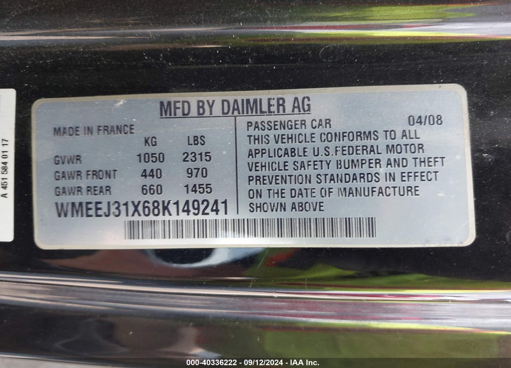 2008 SMART FORTWO PASSION/PURE VIN: WMEEJ31X68K149241