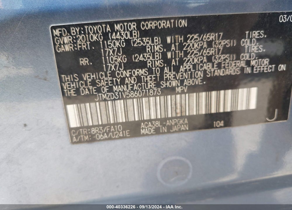 2008 TOYOTA RAV4 LIMITED VIN: JTMZD31V586071873