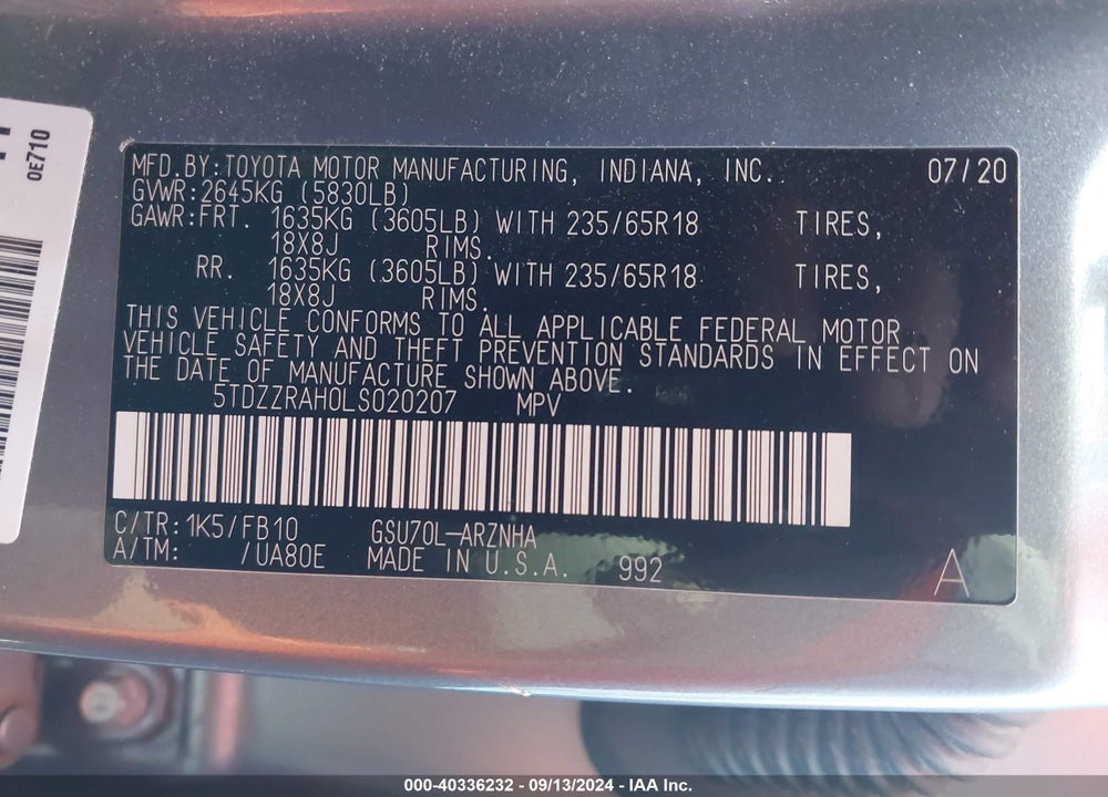 2020 TOYOTA HIGHLANDER LE VIN: 5TDZZRAH0LS020207