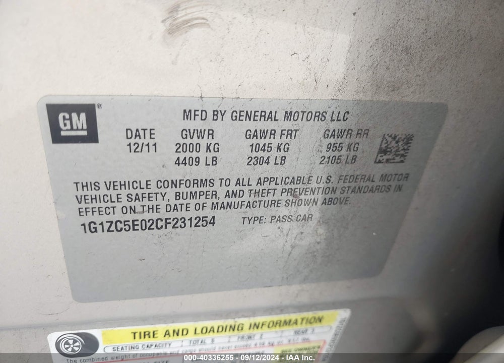2012 CHEVROLET MALIBU 1LT VIN: 1G1ZC5E02CF231254