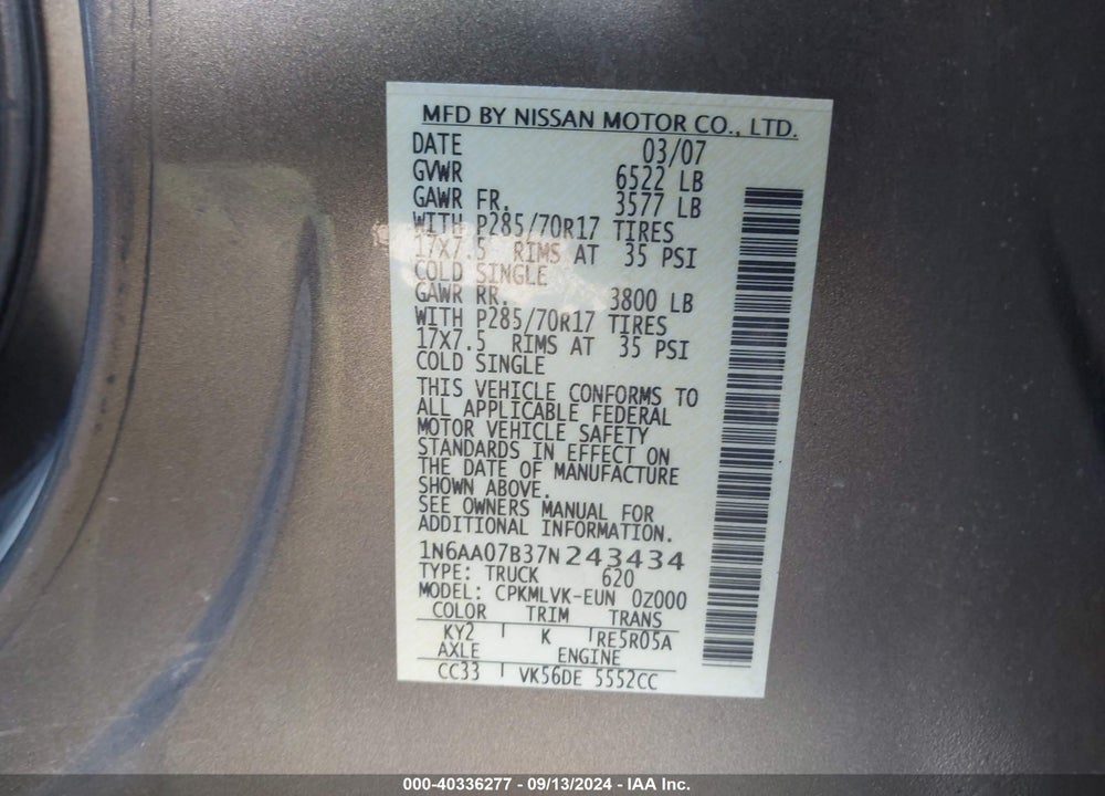 2007 NISSAN TITAN LE VIN: 1N6AA07B37N243434