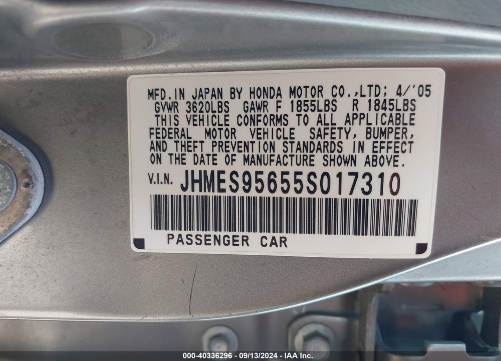 2005 HONDA CIVIC HYBRID VIN: JHMES95655S017310