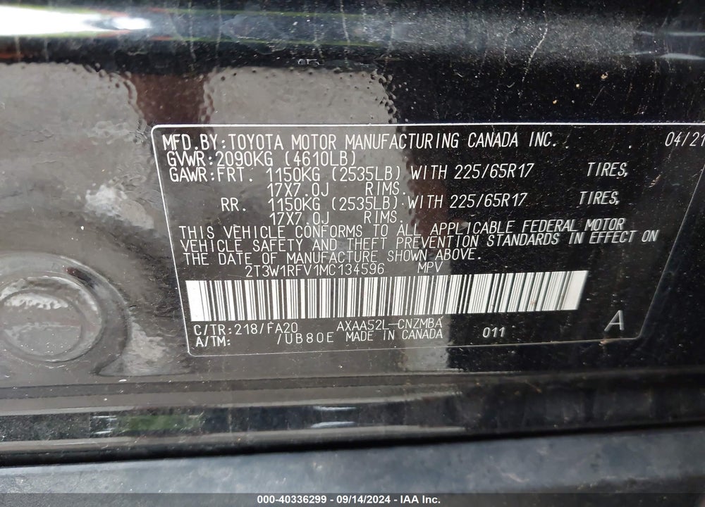 2021 TOYOTA RAV4 XLE VIN: 2T3W1RFV1MC134596