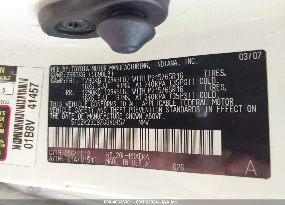 2007 TOYOTA SIENNA LE VIN: 5TDZK23C97S040457