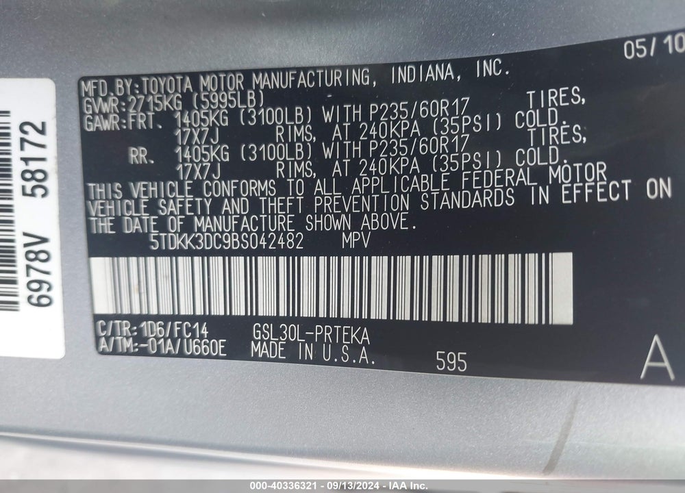 2011 TOYOTA SIENNA LE V6 VIN: 5TDKK3DC9BS042482