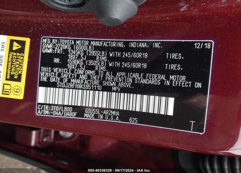 2019 TOYOTA HIGHLANDER XLE VIN: 5TDJZRFHXKS951110