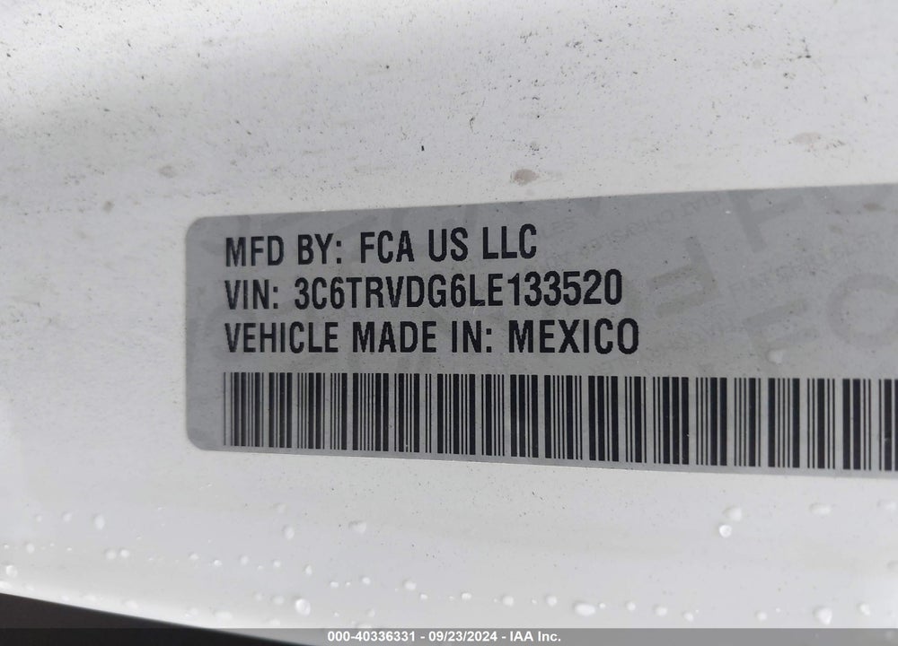 2020 RAM PROMASTER 2500 HIGH ROOF 159 WB VIN: 3C6TRVDG6LE133520