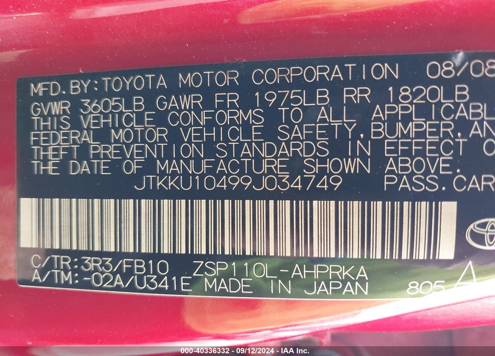 2009 SCION XD VIN: JTKKU10499J034749
