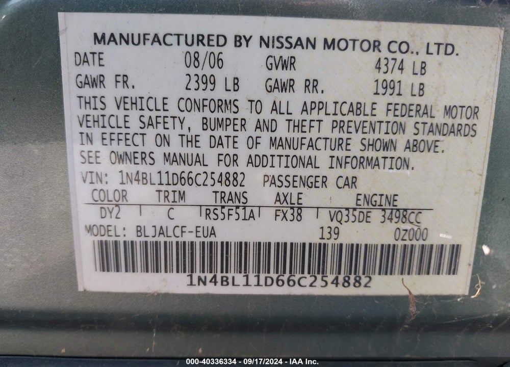 2006 NISSAN ALTIMA 3.5 SE VIN: 1N4BL11D66C254882