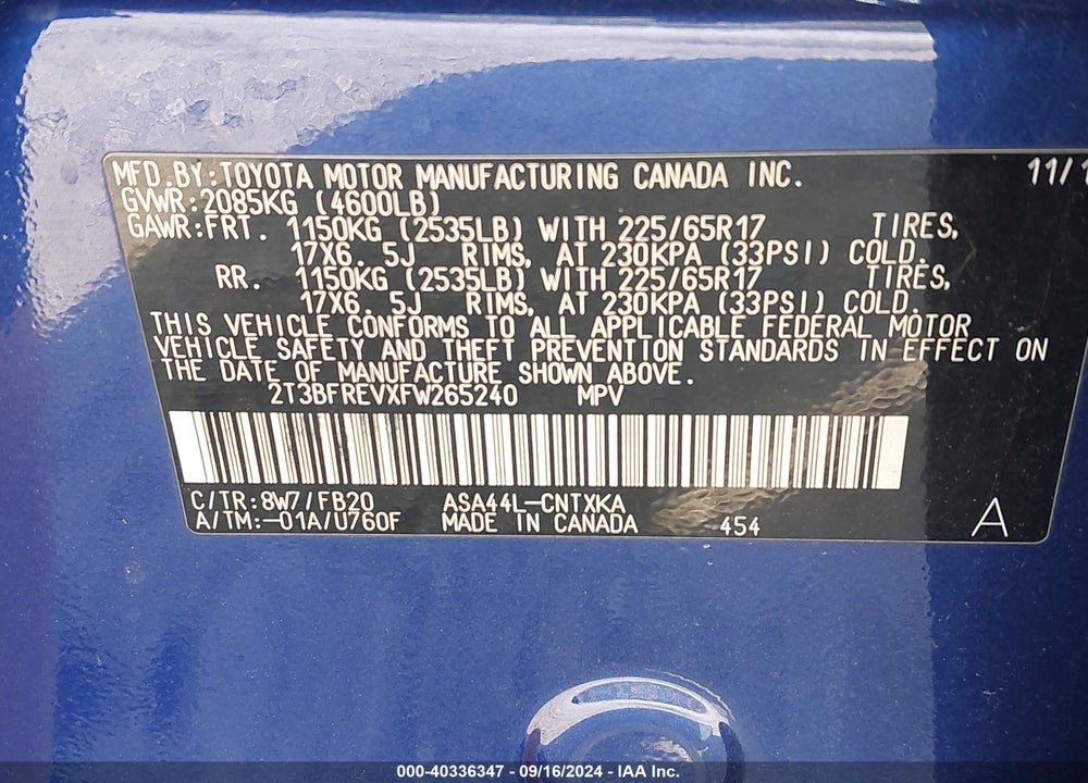 2015 TOYOTA RAV4 LE VIN: 2T3BFREVXFW265240