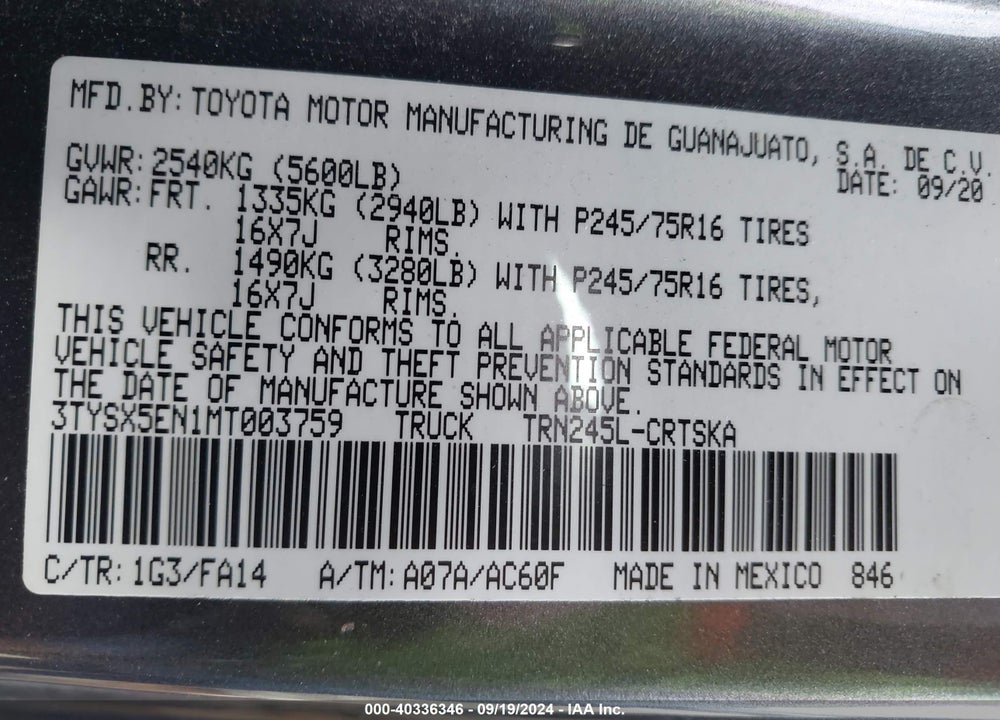 2021 TOYOTA TACOMA SR VIN: 3TYSX5EN1MT003759