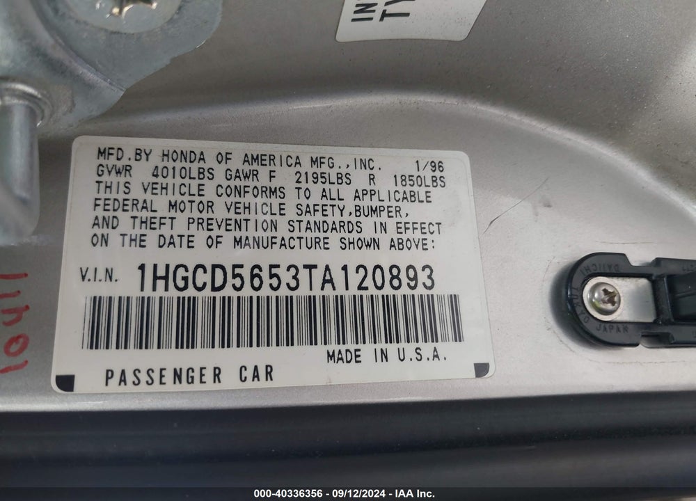 1996 HONDA ACCORD EX/EX-R VIN: 1HGCD5653TA120893