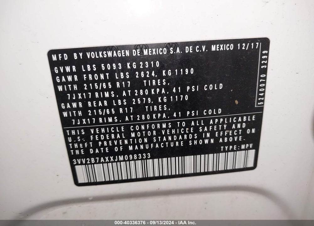 2018 VOLKSWAGEN TIGUAN 2.0T SE/2.0T SEL VIN: 3VV2B7AXXJM098333