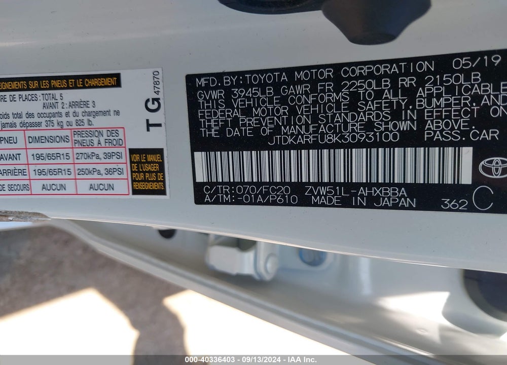 2019 TOYOTA PRIUS L ECO VIN: JTDKARFU8K3093100