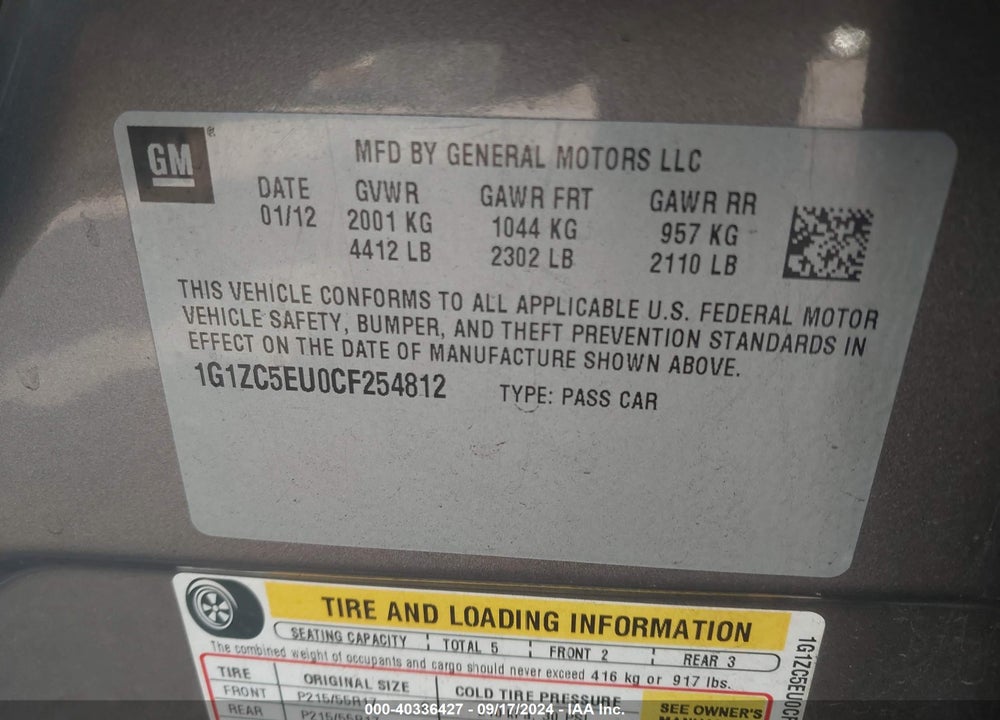 2012 CHEVROLET MALIBU 1LT VIN: 1G1ZC5EU0CF254812