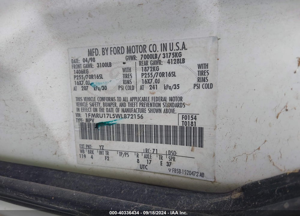 1998 FORD EXPEDITION EDDIE BAUER/XLT VIN: 1FMRU17L5WLB72156