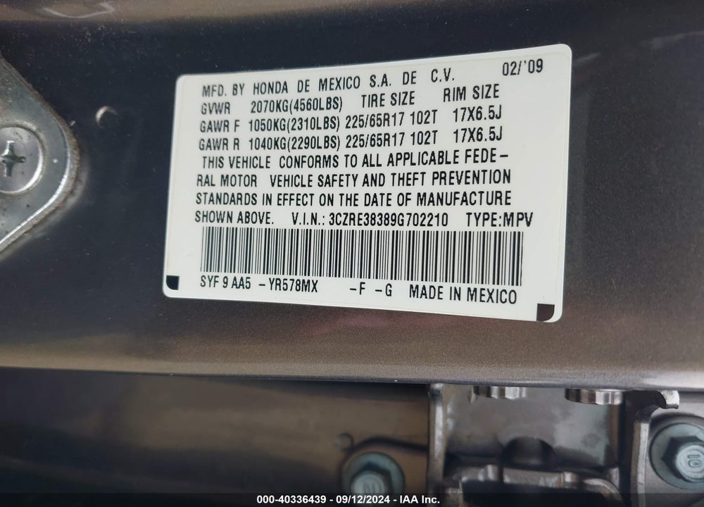 2009 HONDA CR-V LX VIN: 3CZRE38389G702210
