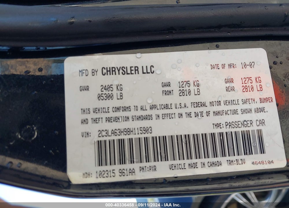 2008 CHRYSLER 300C HEMI VIN: 2C3LA63H98H115903