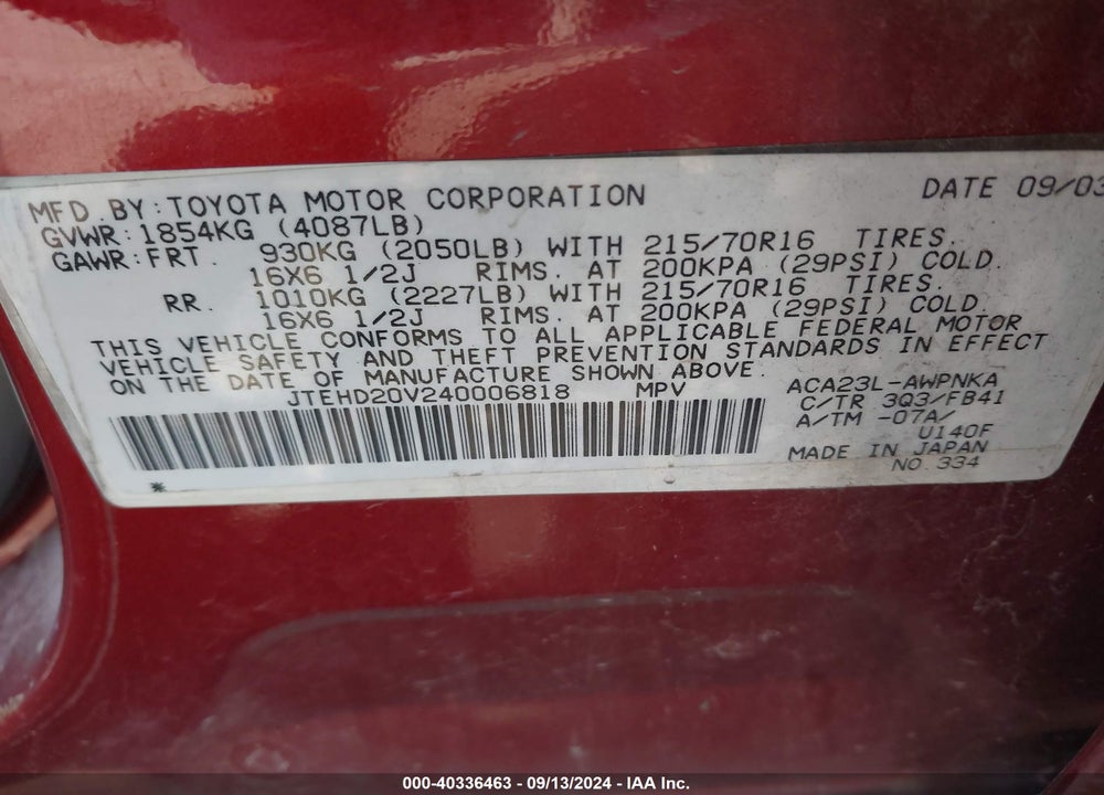 2004 TOYOTA RAV4 VIN: JTEHD20V240006818