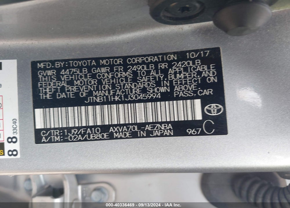 2018 TOYOTA CAMRY LE VIN: JTNB11HK1J3045994