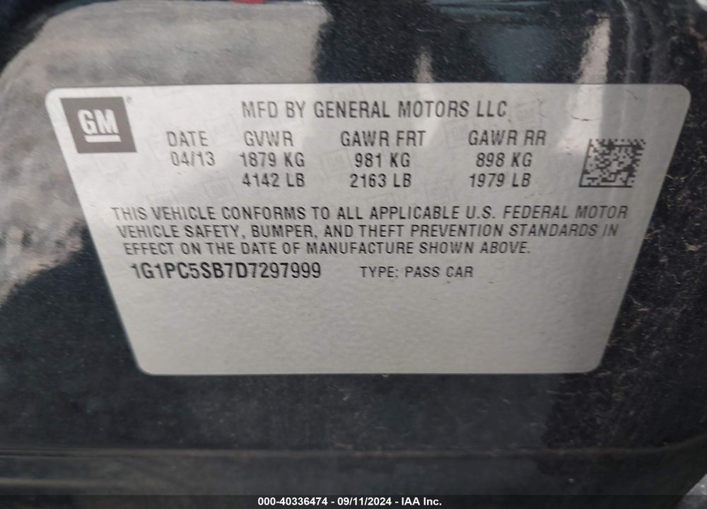 2013 CHEVROLET CRUZE VIN: 1G1PC5SB7D7297999