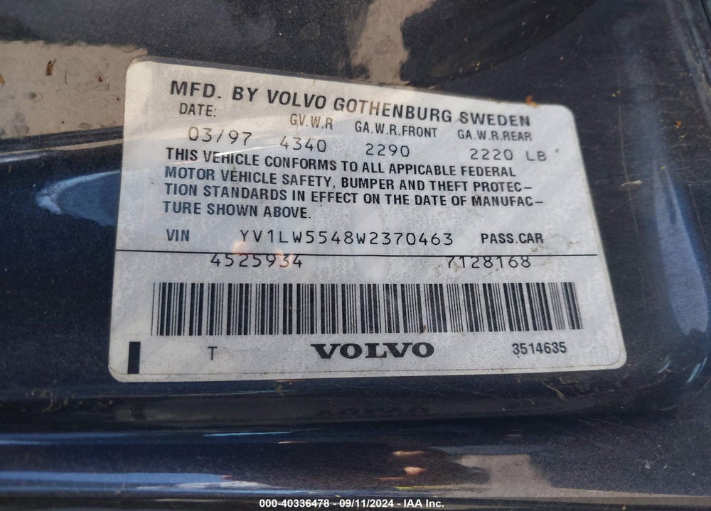 1998 VOLVO V70 VIN: YV1LW5548W2370463